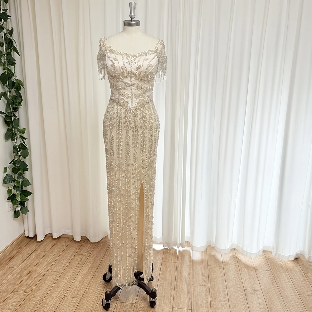 Elegantes Dubai-Meerjungfrau-Abendkleid mit V-Ausschnitt für Frauen 2025, luxuriöse Perlen, Quaste, lange formelle Abschlussball-Hochzeits-Party-Kleider, individuell gestaltet