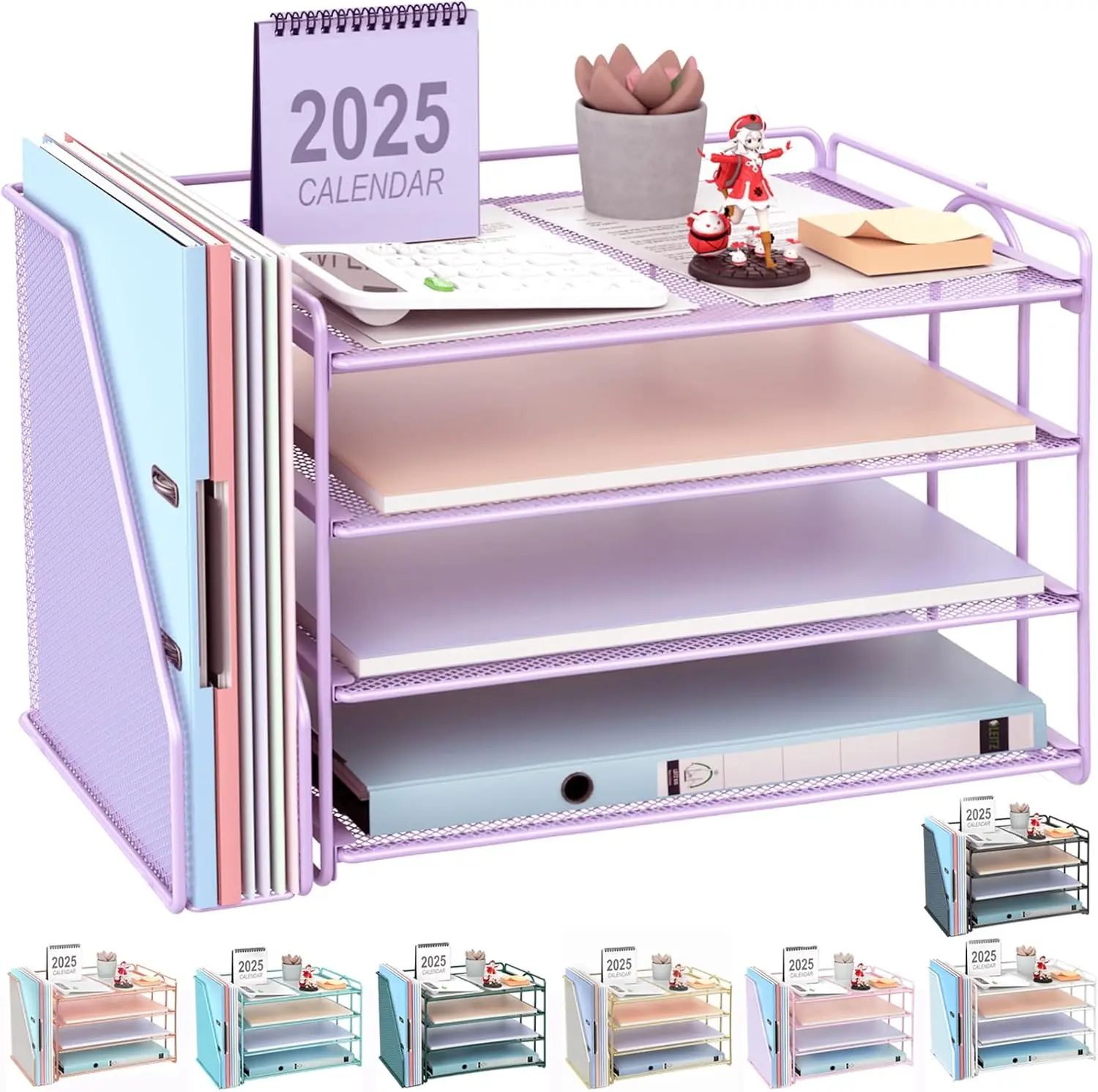 

4-Tier Paper Organizer with Magazine Holder, Desk Storage for Office Supplies in Purple