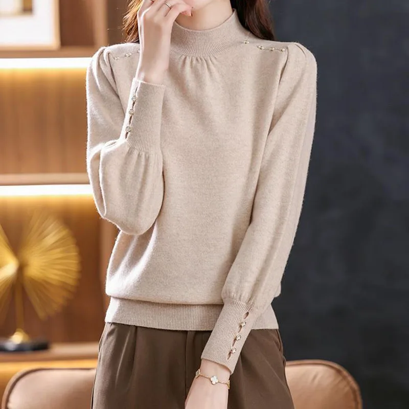 Women Half High Collar Versatile Lantern Sleeve Fold Beading Sweater Four Colors Loose Diamond Inlaid Button Korean Pullovers