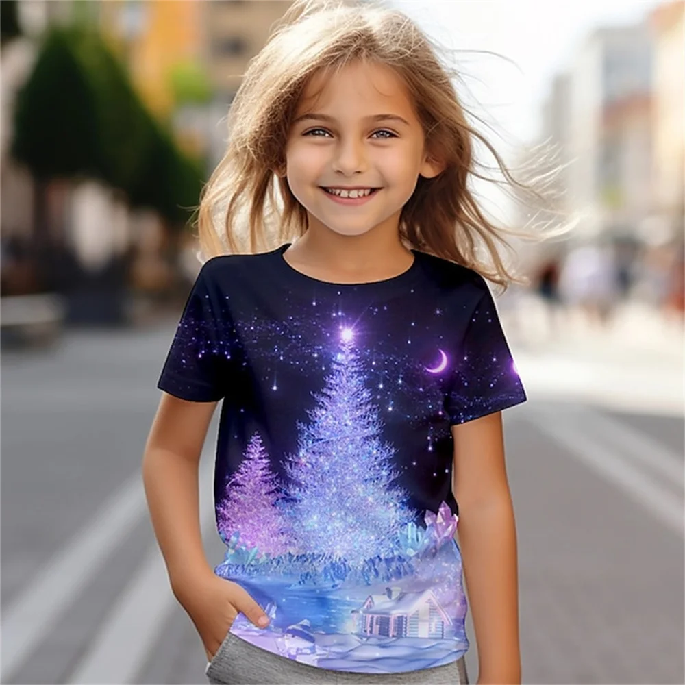 Camisetas con estampado 3d de árbol de Navidad, novedad de verano, camisetas informales para bebés, ropa de moda para niñas de dibujos animados, camisetas de manga corta, Top para niñas