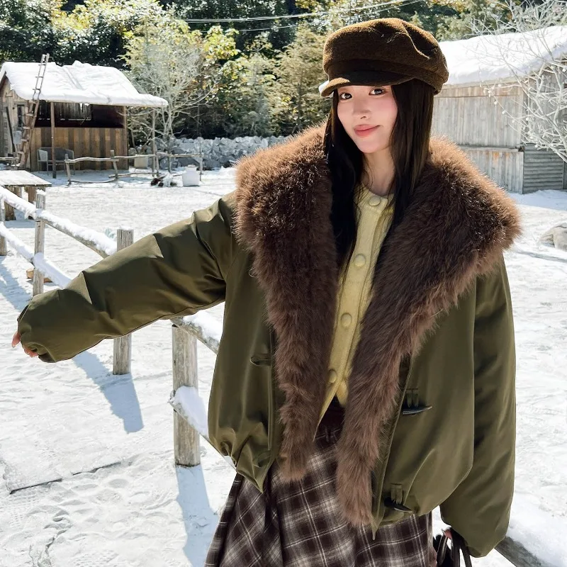 2026 Fashion Big-Fur-collar Winter Short Parkas Women's Down Cotton-padded Jacket Thicken Coat Horn Button Warm Loose Outerwear