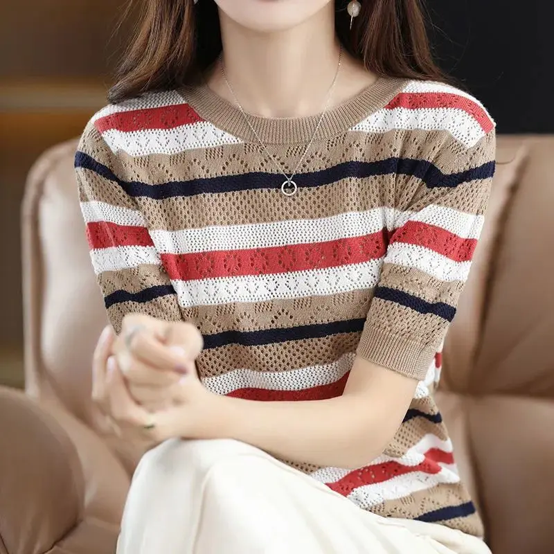 

2024 Summer Vintage Contrasting Colors T-shirt Spliced Fashion Hollow Out O-Neck Women's Clothing Short Sleeve Knitted Pullovers