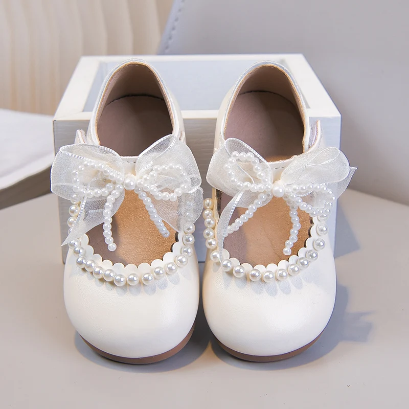 

Little Girls Leather Shoes for Wedding Party White with Lace Pearls Princess Sweet Chic Kids Casual Flats Flower Girl Mary Janes