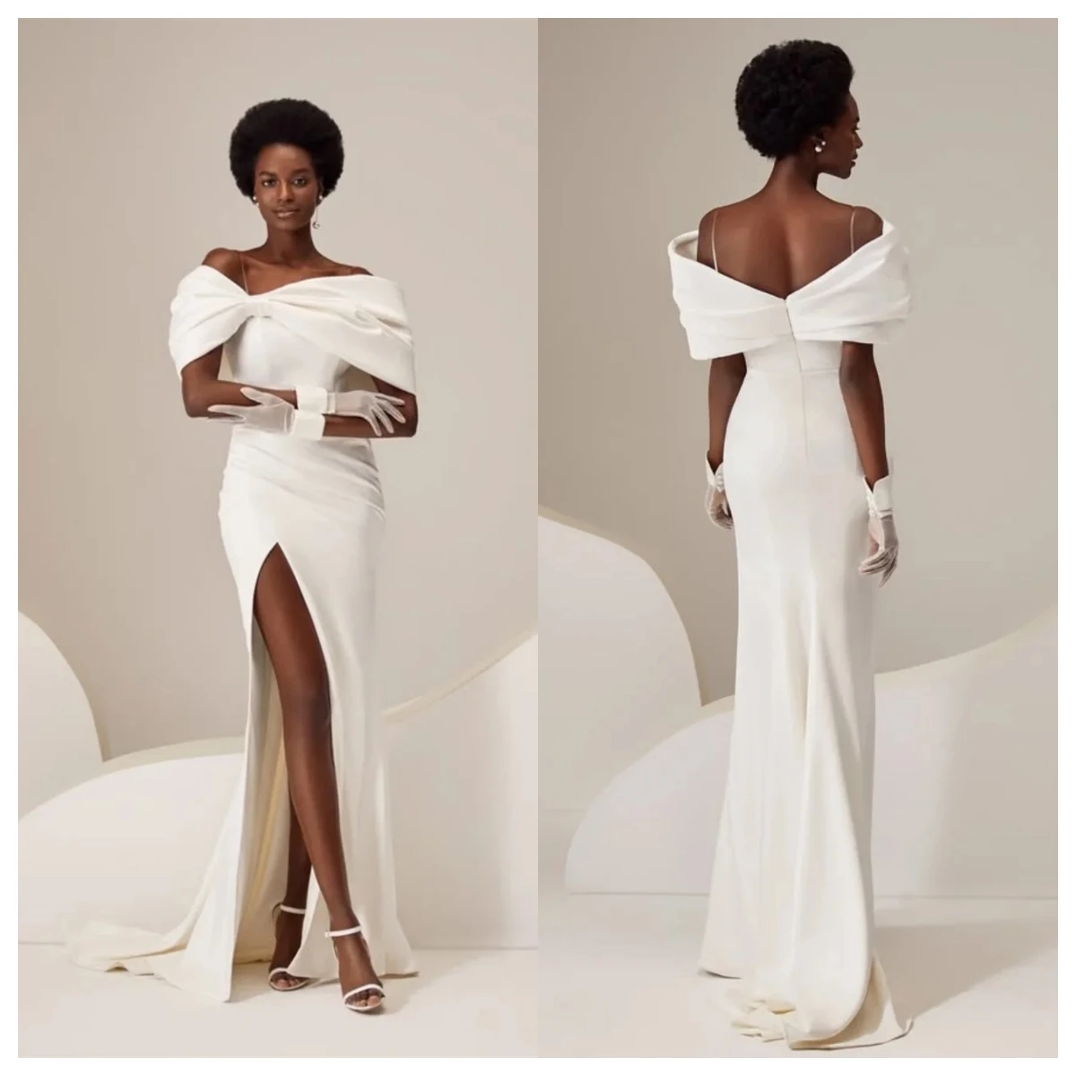 Gaun Malam Jersey Putih Mewah Kustom Gaun Selebriti Tanpa Lengan Tali Spaghetti Bahu Terbuka Gaun Selebriti Vestido De Festa