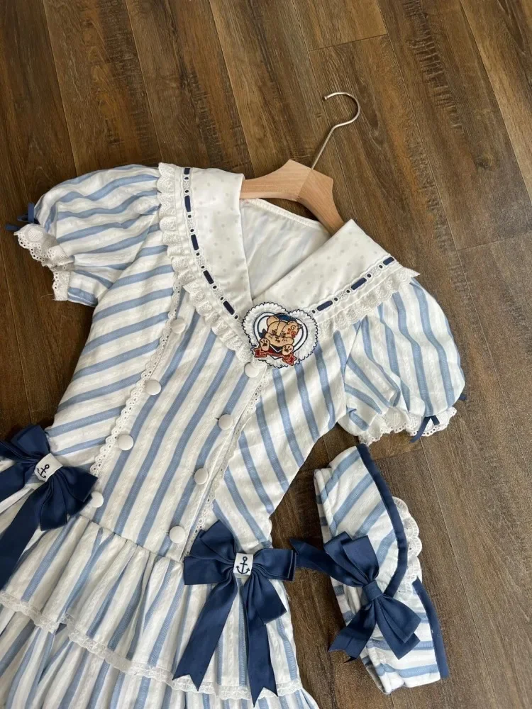 Verão doce lolita vestido de marinheiro para meninas feminino azul branco listra arco plissado em camadas saia puff manga kawaii bonito outfit 2025