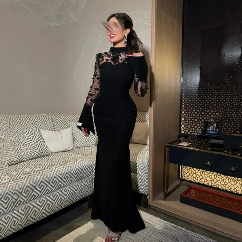 

Modern Black Mermaid Long Sleeves Prom Dresses Illusion Lace Appliques Pleat Dress Open Back with Button Floor-Length Customized