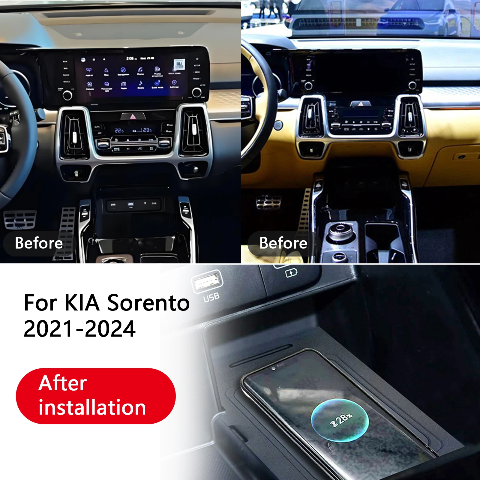 2 din para kia sorento 2021 2022 2023 2024 console central do carro carregador de telefone rápido carregador sem fio placa carregamento titular