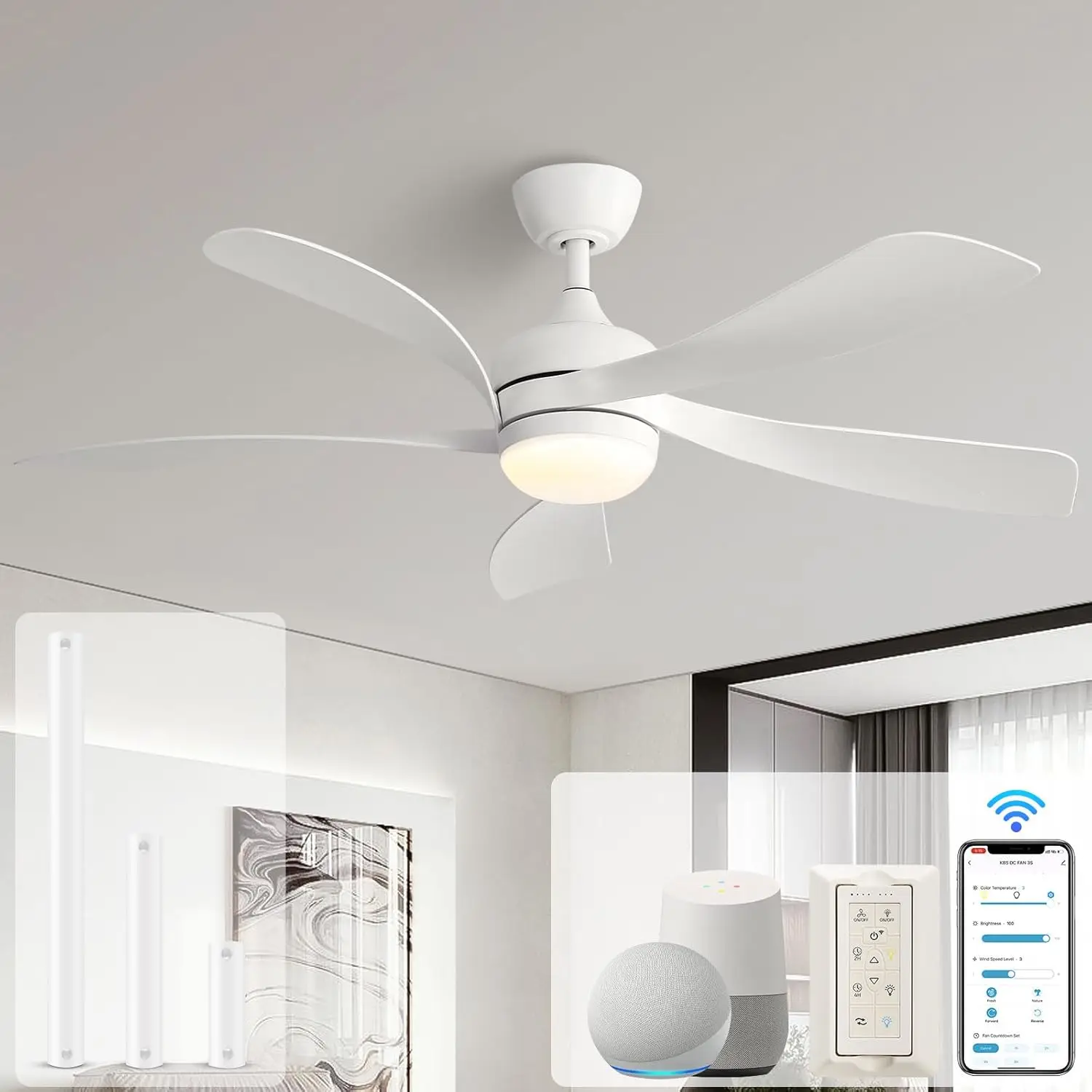 Sofucor-Ventilador de teto inteligente, ventiladores de teto interiores e exteriores com luzes e controle remoto, trabalhar com Alexa e Google App, 6 S, 52 in