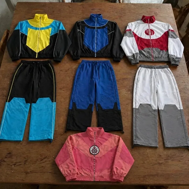 Vintage Tracksuit  Color Block  Men Women 2 Piece Set Retro Zip Up Stand Collar Jacket Harajuku Baggy Pants Casual Sportswear