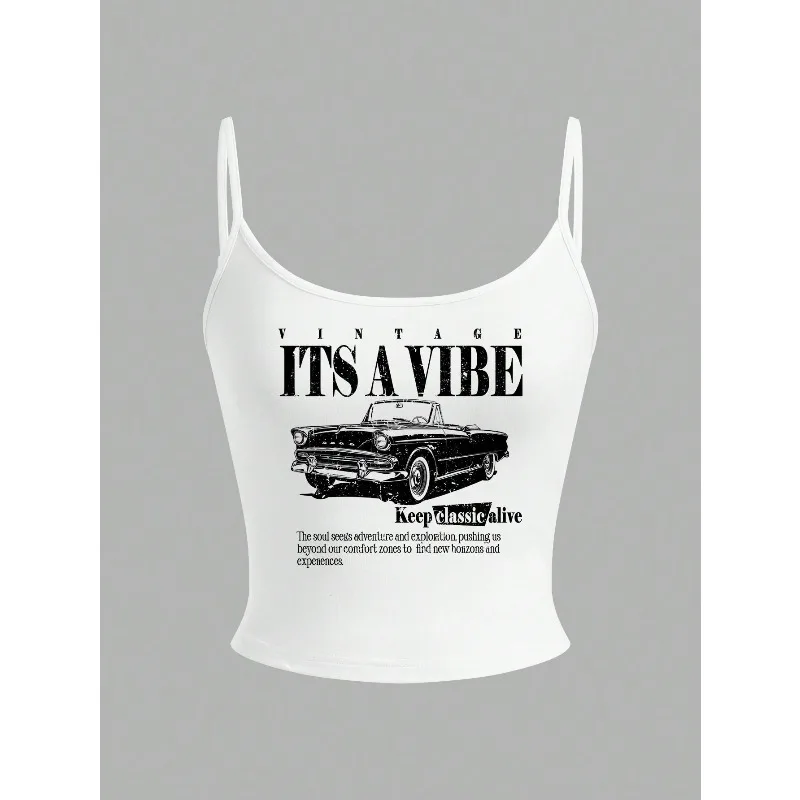 Women Slogan Vintage Car Graphic Print Tight Crop Tank Top for Vacation Back To School(1- Unlimited PC) Can Be Freely Selected