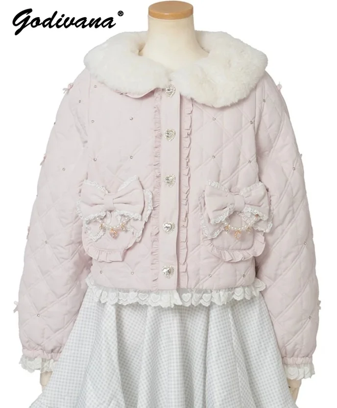 

Japanese Liz Sweet Heart Rhinestone Button Quilted Fur Collar Short Parkas Female Autumn and Winter Cotton-padded Jacket Coats