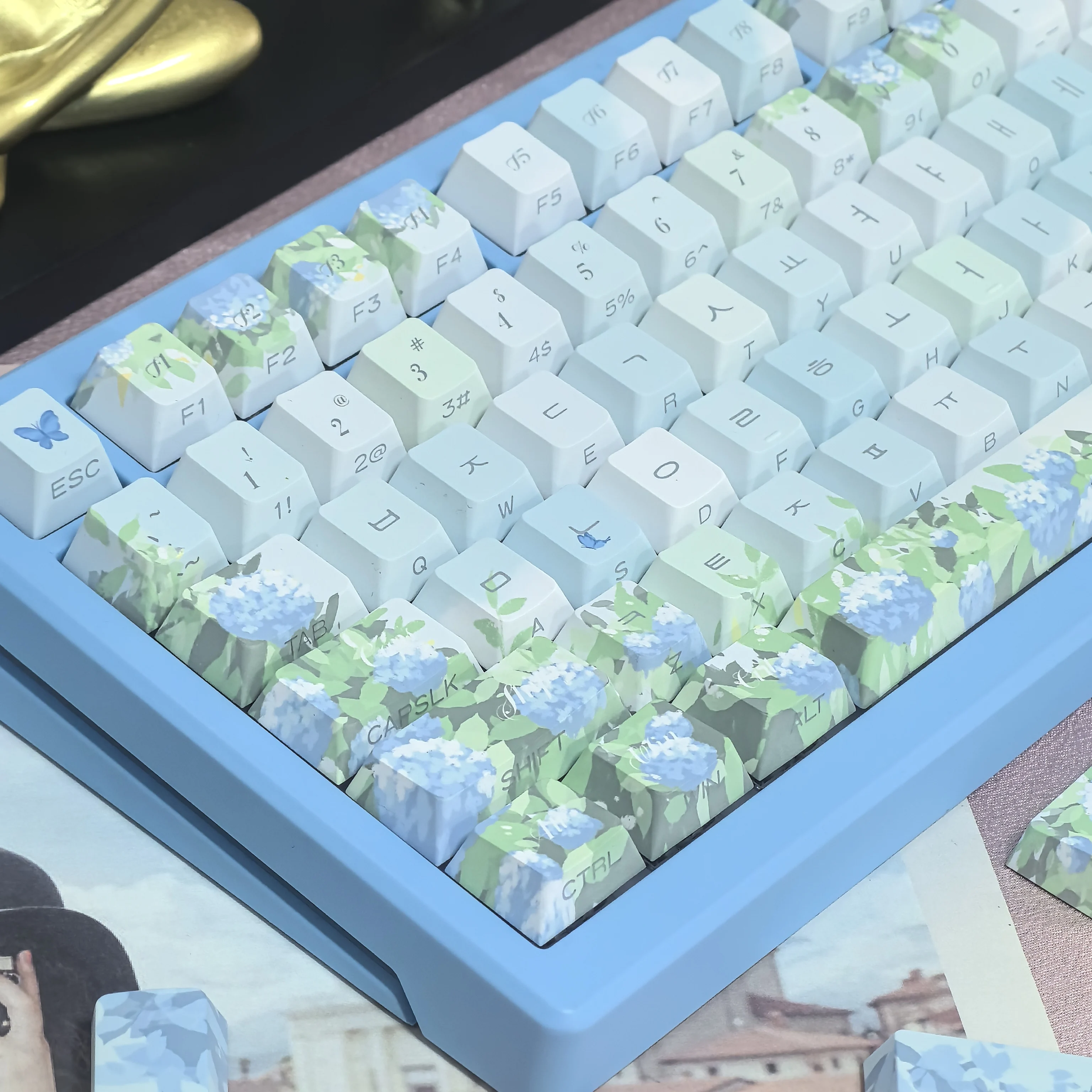 Imagem -05 - Elegante Verde sem Fim Verão Hortênsia Cherry Side Gravado Keycap Azul Coreano Chave Cap Teclado mx Flor de Planta kr 133 Chaves