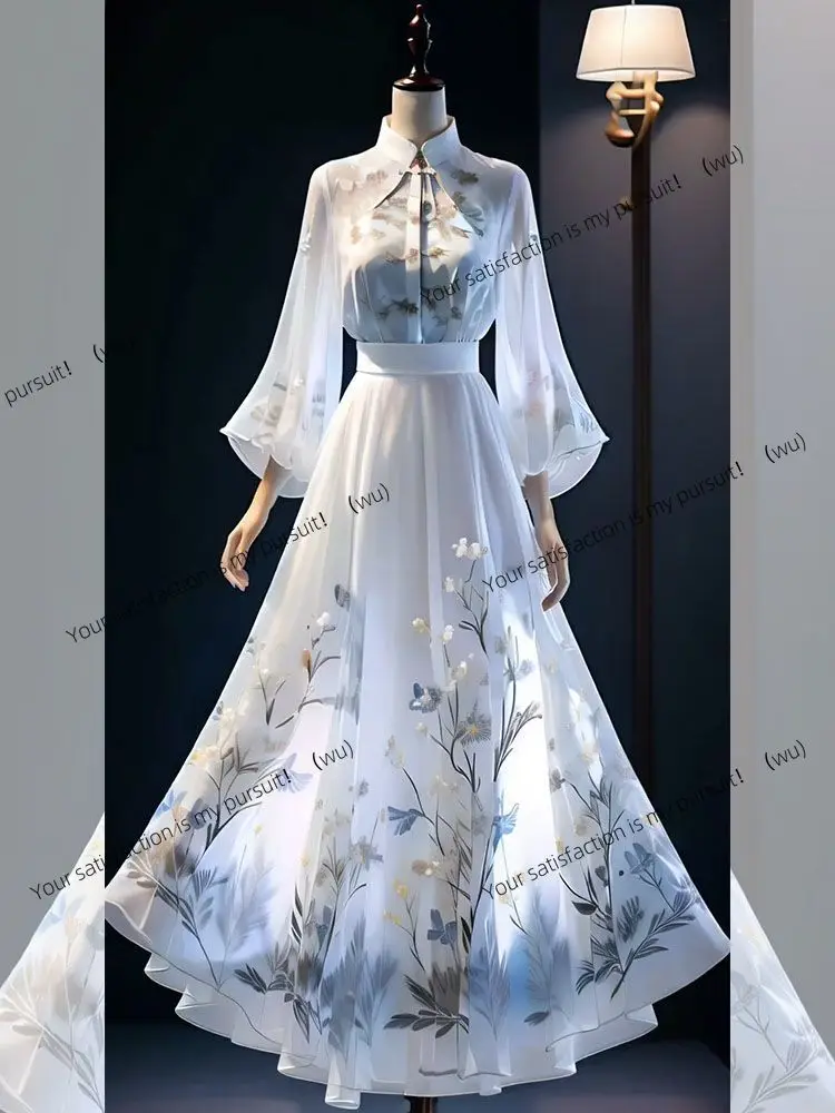 

Women's two-piece suit, long-sleeved shirt, spring chiffon shirt, printed top, flared skirt, pleated robe, skirt