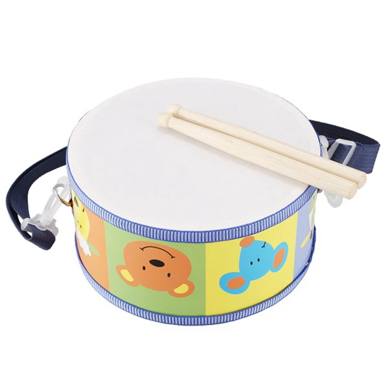 Wooden Snare Drum Instrument For Children With Colorful Animals, Straps And Drumsticks. Early Education Teaching Aids