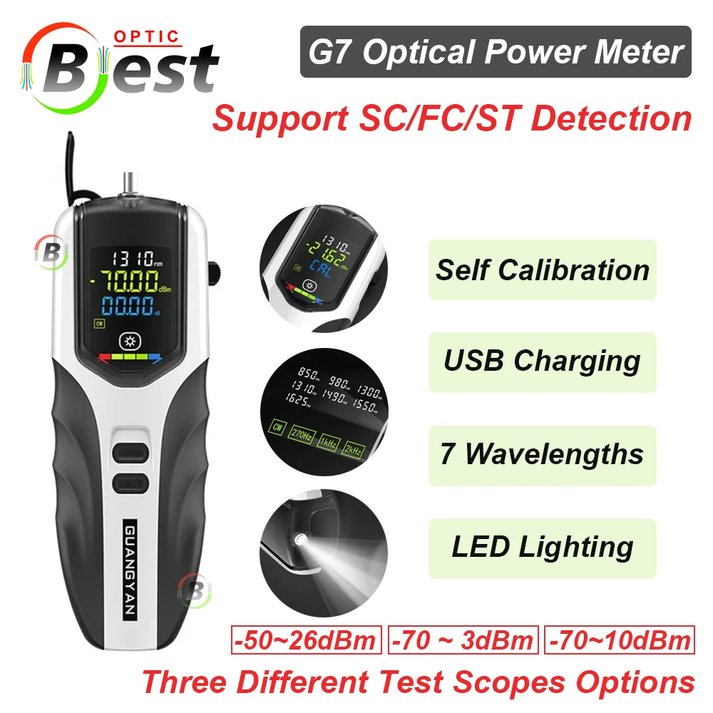 

G7 OPM Fiber Optical Power Meter -70~3/-70~10/-50~26dBm Portable Optic Cable Tester SF/FC/ST Universal Connector Support