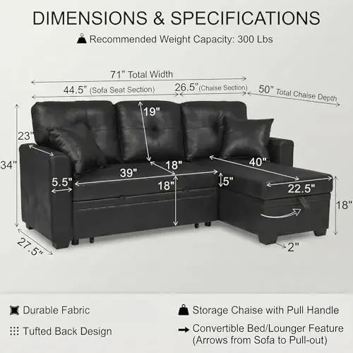 Convertible Sofa Bed Couch with Reversible Storage Chaise, 71