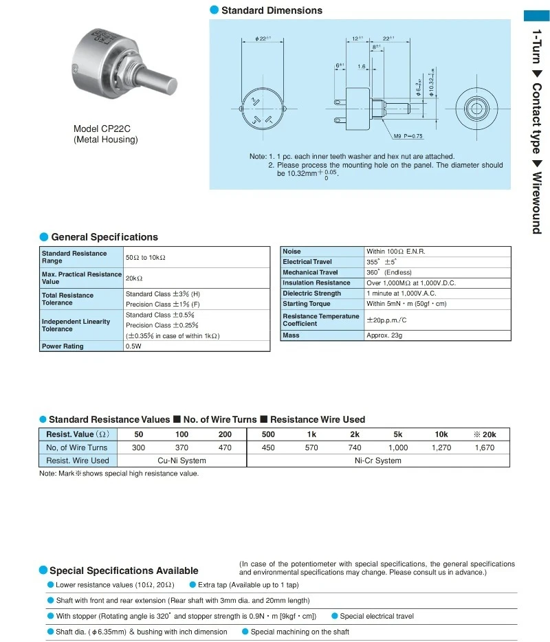 CP22C Wirewound Potentiometer Durable Single-Turn Potentiometer