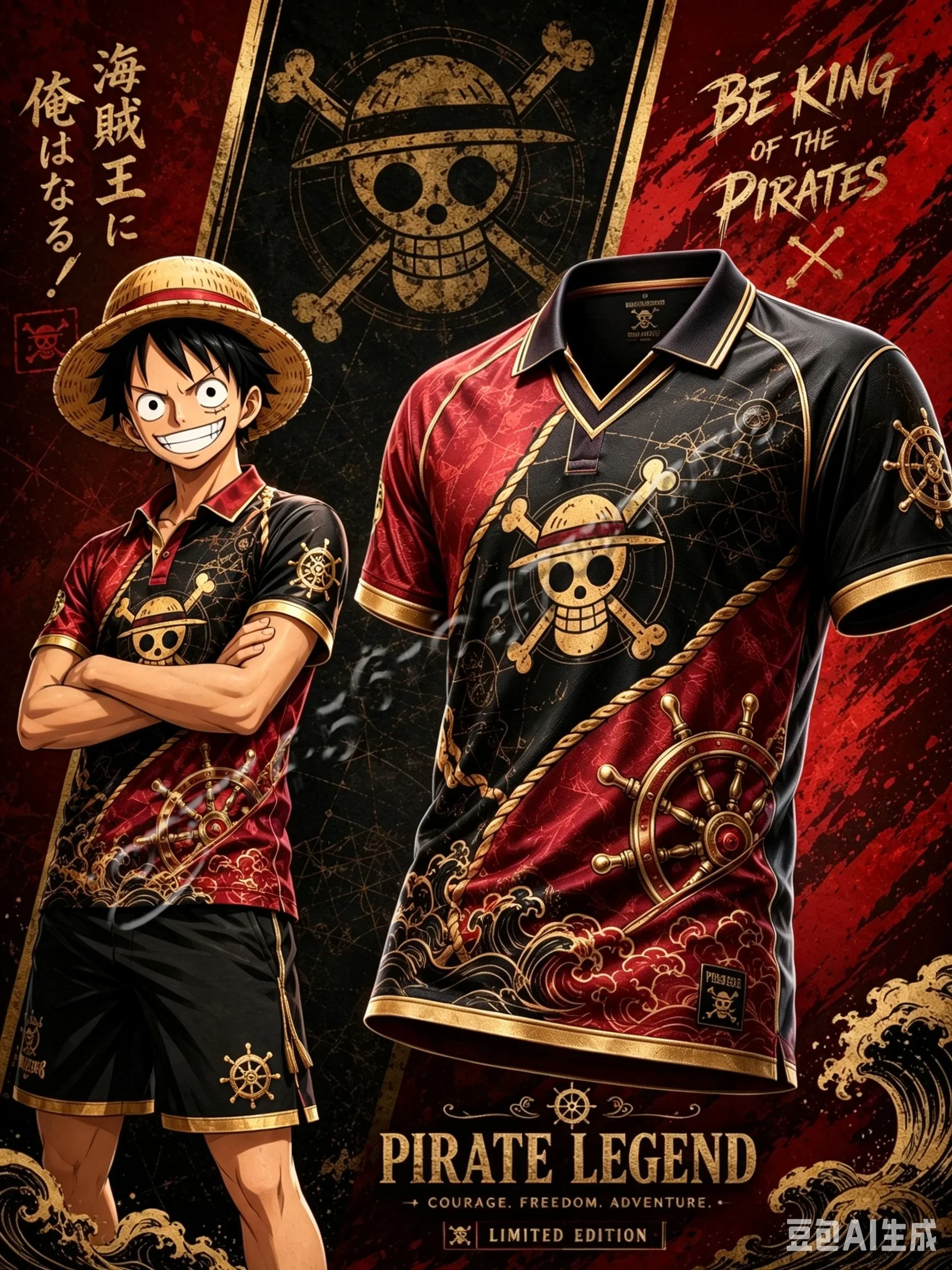 2026/27 Neue One Piece Luffy Serie Fußballtrikot mit Kragen, Modisches Unisex Anime Sport- und Familien-Partnerlook T-Shirt für Männer – Detail 5