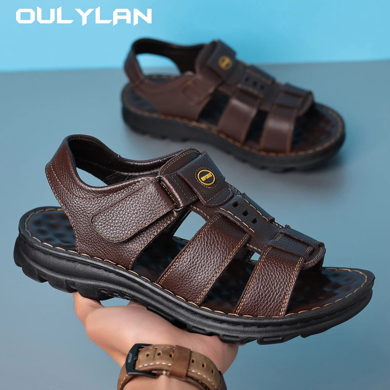 OULYLAN Sandals Men\'s Leather 2024 Fashion Anti Slip Breathable Soft Sole Shoes For Men Summer Water Trekking Beach Slippers