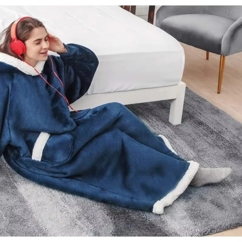 120/150cm Super Long Flannel Blanket with Sleeves Women Hoodies TV Blanket with Pockets Winter Warm Pullovers for Men and Women