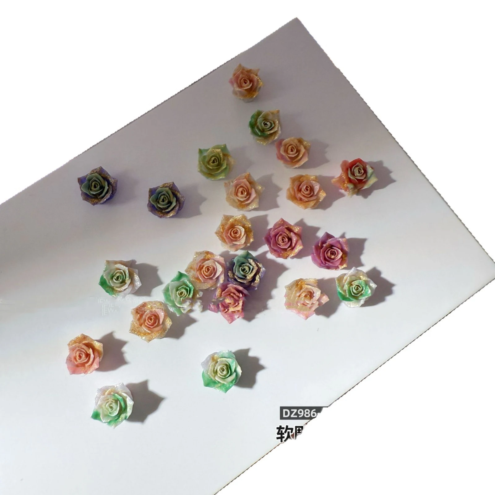 50PCS Pretty Gradient Glitter Dyeing Rose Camellia Fower Butterfly Soft Carved Nail Art Rhinestones Decorations Manicure Charms
