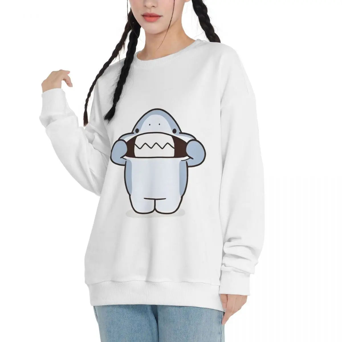 Cute Small Shark Falling shoulder pure cotton round neck adult sweatshirts new casual loose fit top