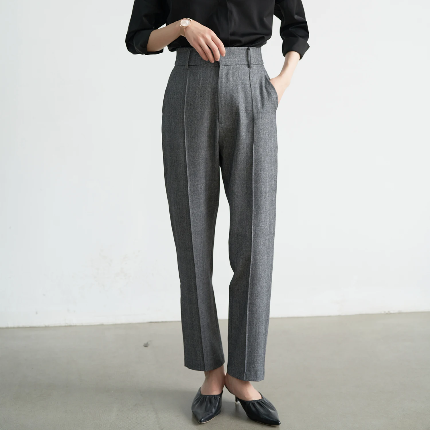 LIMONN กางเกงเอวสูงทรงสลิมฟิต สัมผัสเรียบเนียน ระดับมืออาชีพ OL Sle ฤดูใบไม้ร่วงฤดูหนาว กางเกงแฟชั่นสำหรับผู้หญิง