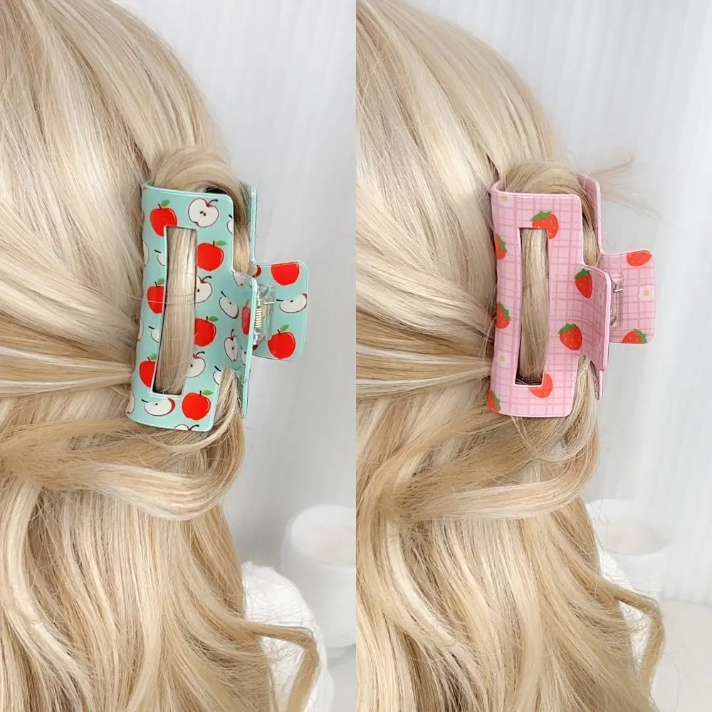 Pinza para el pelo con forma de cangrejo, serie de frutas de cereza/sandía, pinza para el pelo con geometría hueca cuadrada, pinza de tiburón de ácido acético colorida para uso diario