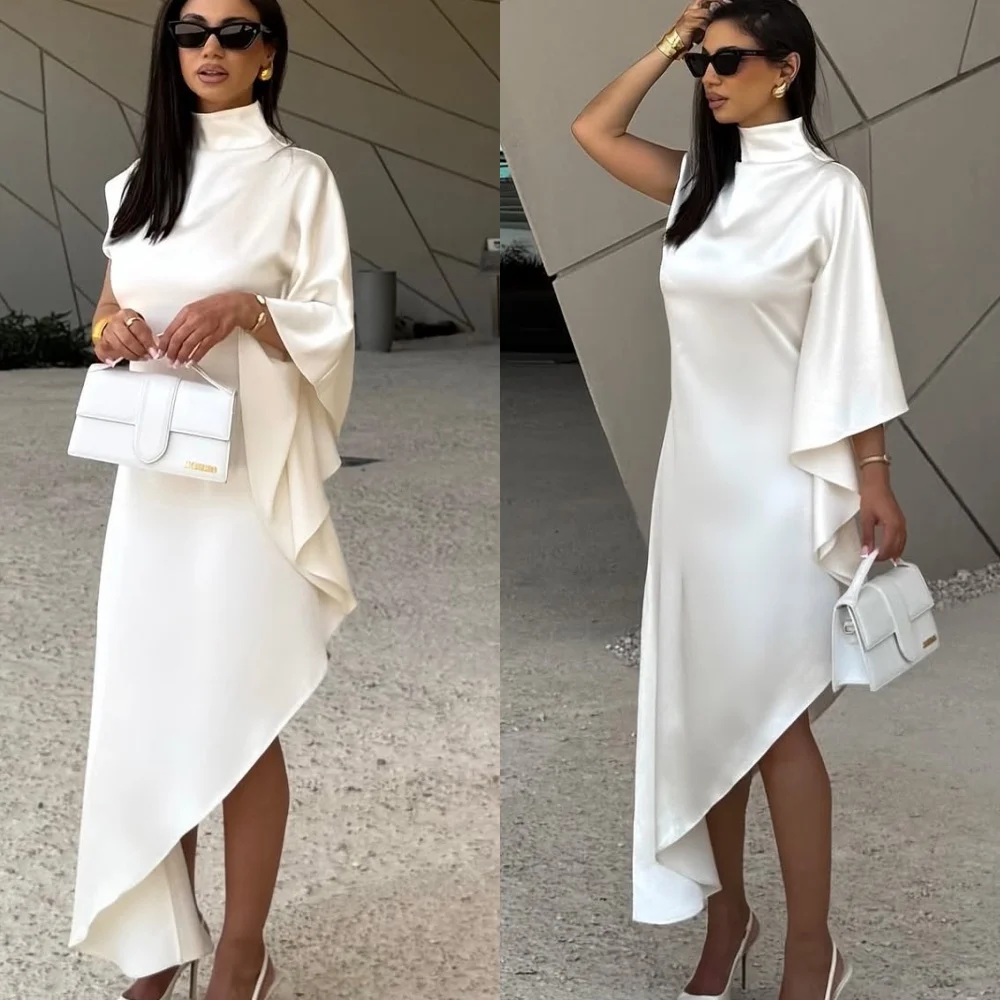 

Customized Classic High Neckline 3/4 Sleeves Evening Dress High Quality Satin Cocktail Dresses Fashion Asymmetrical Party Gowns