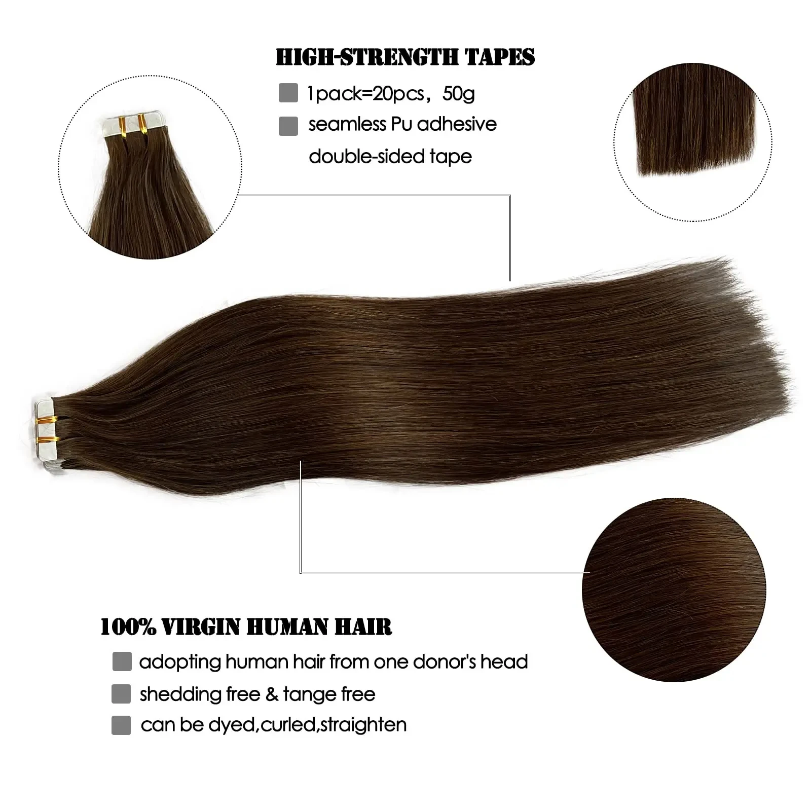 Fita de trama pele sem costura em extensões de cabelo, Real Remy cabelo humano, sedoso reto, cor marrom escuro, 24 ", 50g, 20Pcs