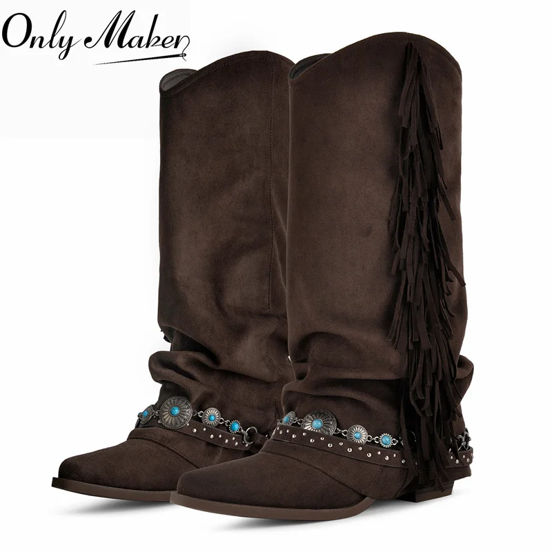 Onlymaker Western Cowboy Knee High Boots Pointed Toe Fringe Tassel Turquoise Block Heel  Party Festival Faux Suede Cowgirl Boots