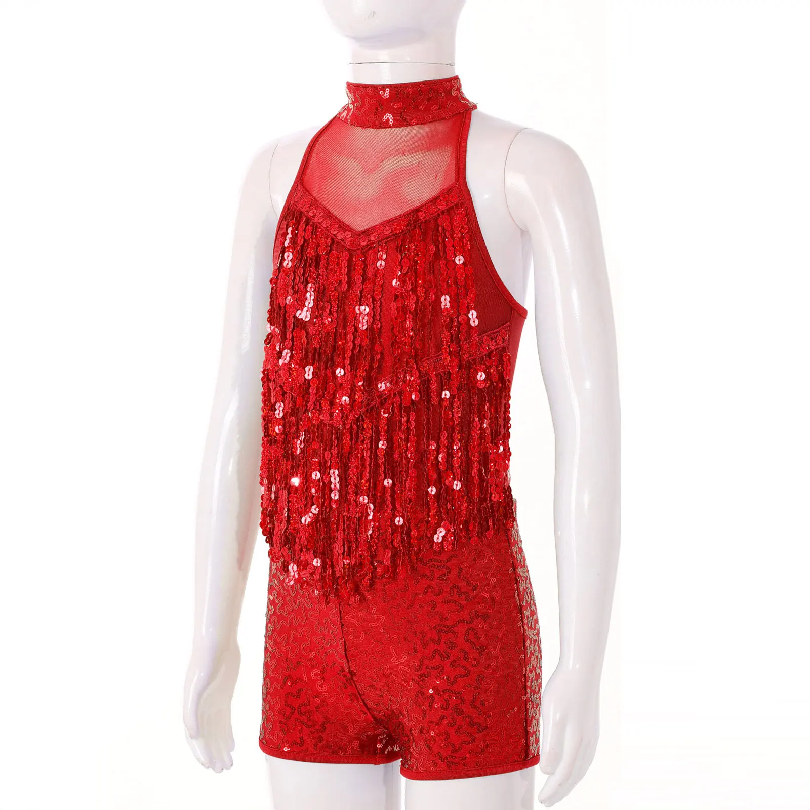 Kids Halter Shiny Sequins Gymnastics Shorty Unitards Dress Girls Ballet Leotard Rave Stage Performance Latin Jazz Dance Costume