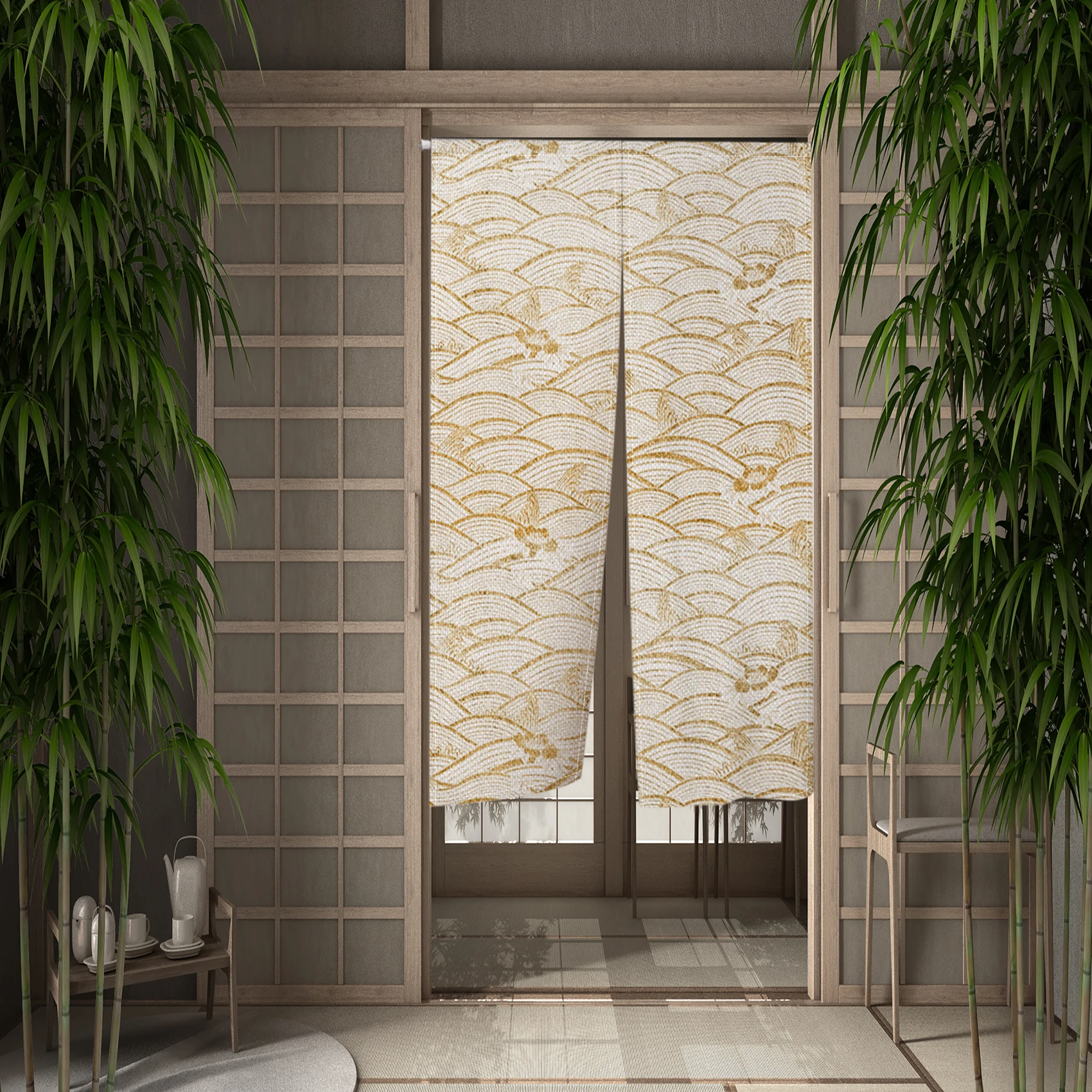 Japanese Noren Beige Wave Door Curtain Room Bathroom Partition Japanese Dining Room Entrance Curtain Hallway Short Curtain