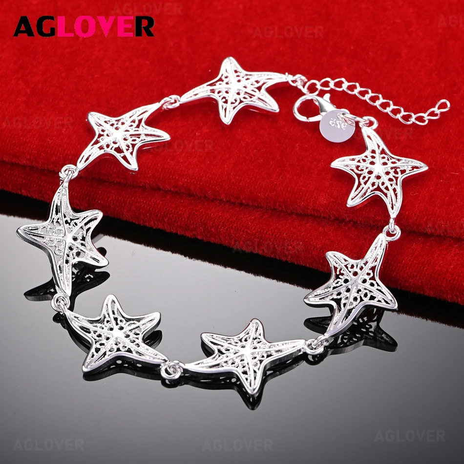 

AGLOVER 925 Sterling Silver Hollow Five-pointed Star Six Charms Bracelet Women Charming Cute Holiday Gift Jewelry