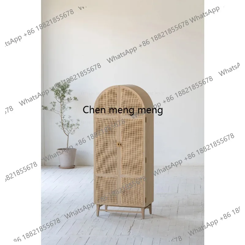 

Natural Wood Boho Organic Furniture Curved Cabinet Wooden Storage Oak Rattan Cabinet