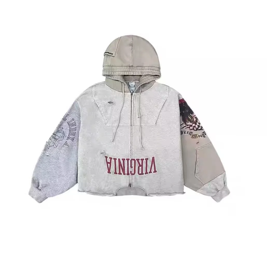 

Korean Sle Embroidered Patchwork Zipper Hoodie Vintage Worn-Out Design Casual ex Long Sve ort Length Hoodie