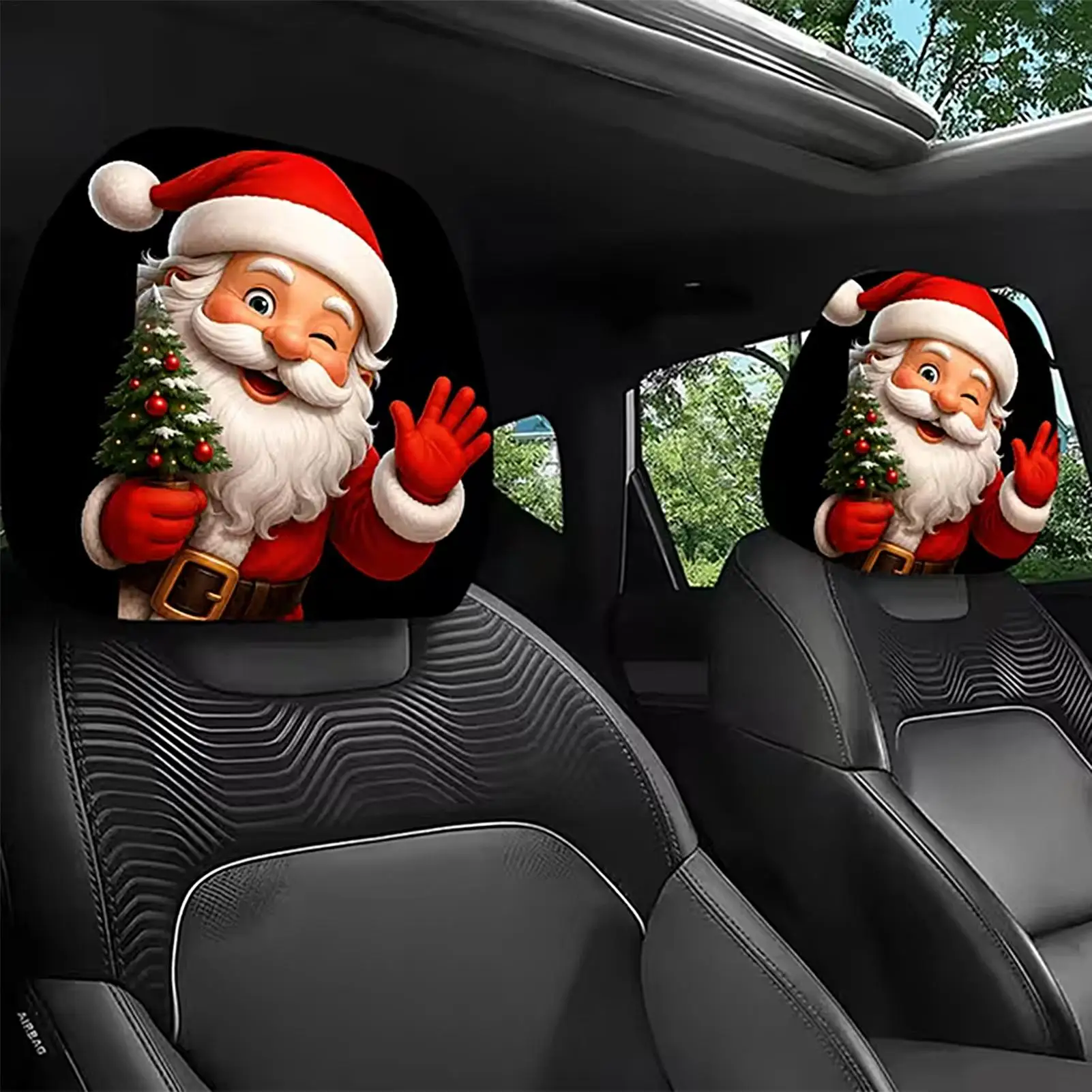 Christmas Car Headrest Cover 2 Pieces Cartoon Santa Elastic Protector Christmas Headrest Covers for Long Drives Short Trips