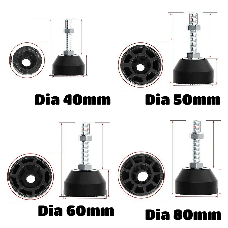 Dia 40/50/60/80mm Zinc Plated Adjustable Lathe Leg Thread M6~M16 Nylon Fixed Levelling Feet Plastic Base Furniture Glide Pad