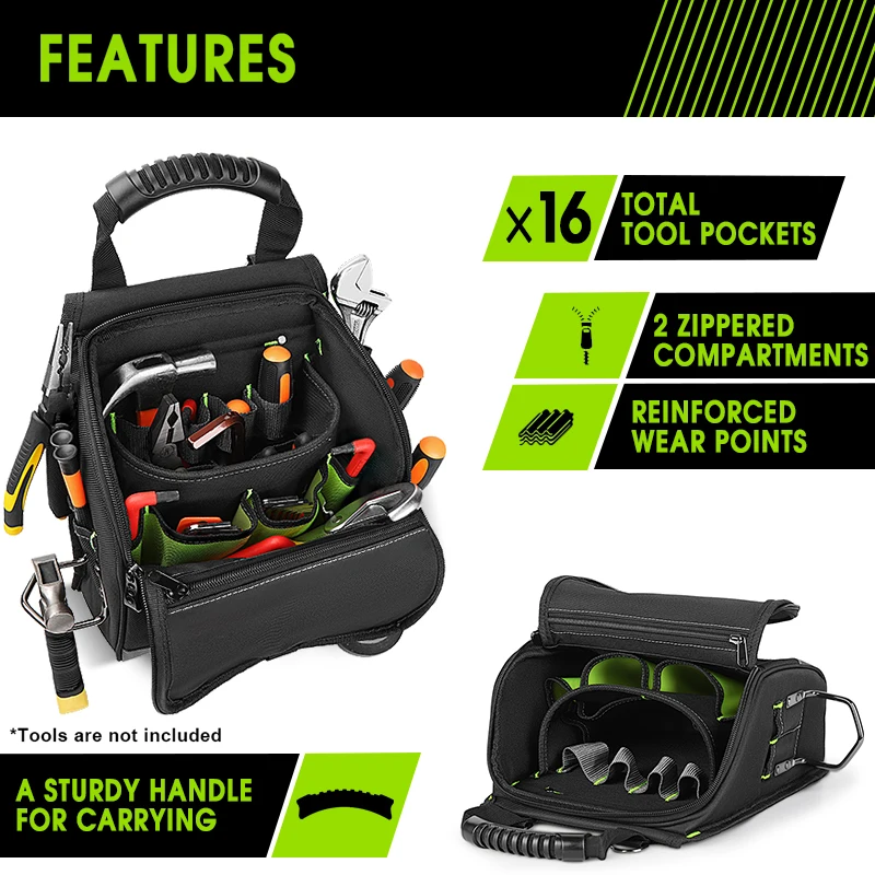 JAKAH Professional Electricians Tool Pouch,Multi-pocket Ergonomic Rubber Handle, Padded Shoulder Strap Black Green JK-208