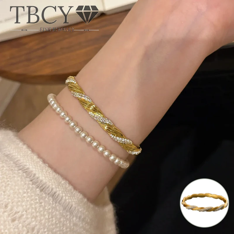 

TBCYD Роскошный серебряный спиральный витой браслет 925 пробы с покрытием из 18-каратного золота для женщин, 3-рядный высокоуглеродистый камень, винтажный широкий браслет, ювелирные изделия