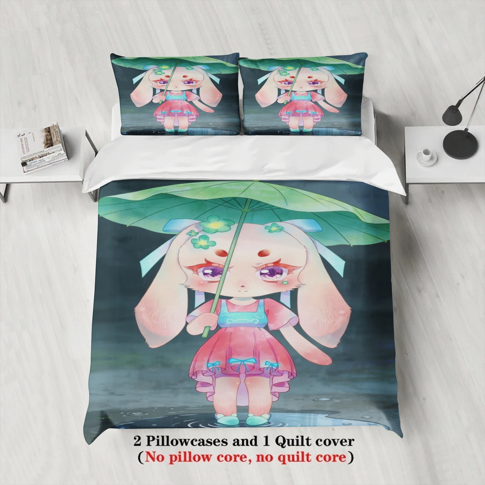 Softville Cozy Town 3PCS Bedding Sets Lop Rabbit Holding A Lotus Leaf Print Duvet Cover No filling Cartoon Style Queen King Size