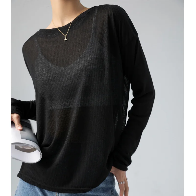 Korean Style Versatile Long-sleeved T-shirt for Women Loose See-through Thin Summer Ice Silk Pullover Sun Protection Blouse Top