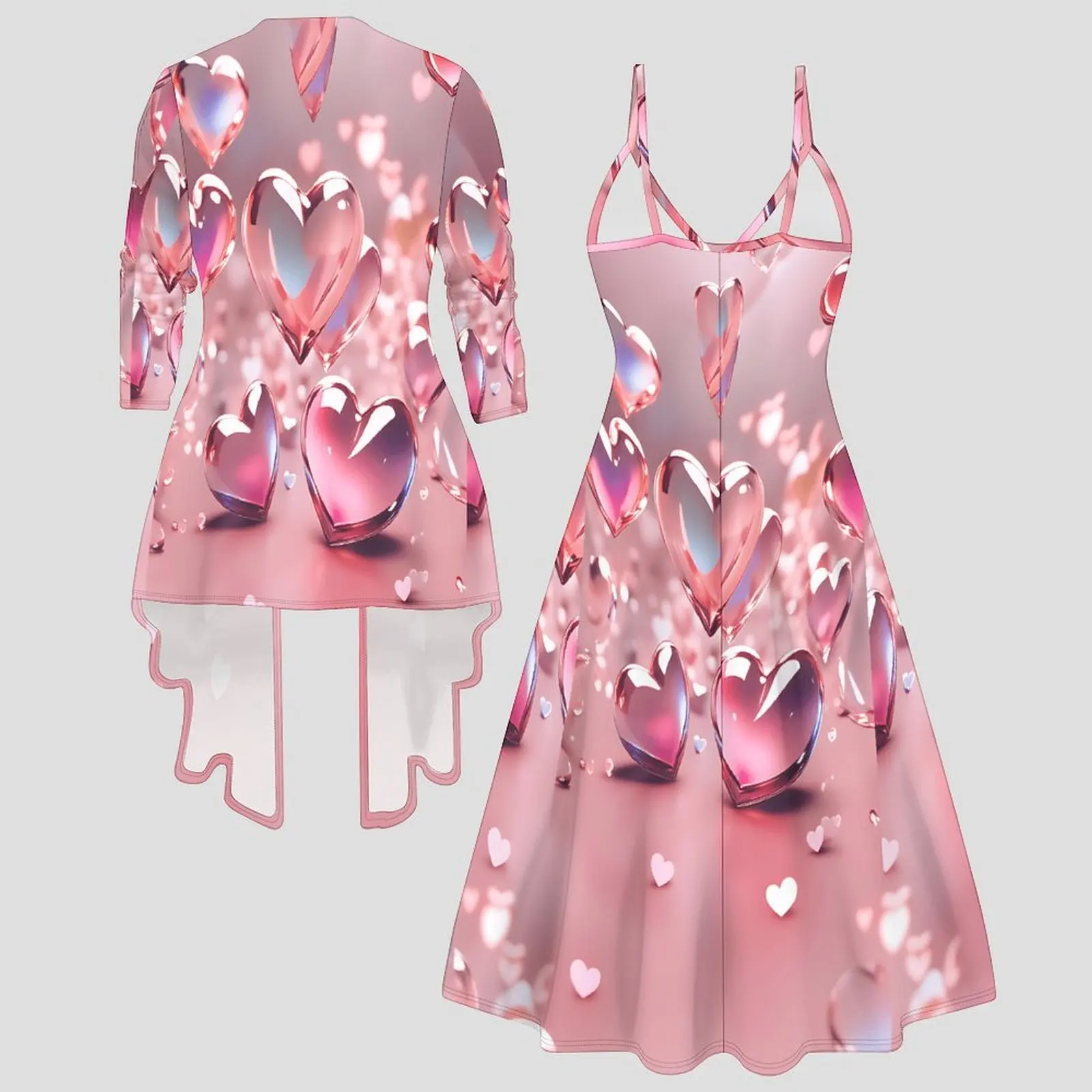Vintage Print Two Piece Matching Set Ladies Sleeveless Midi Slip Dress 3/4 Sleeve Open-front Cardigan Daily Wear Outfit