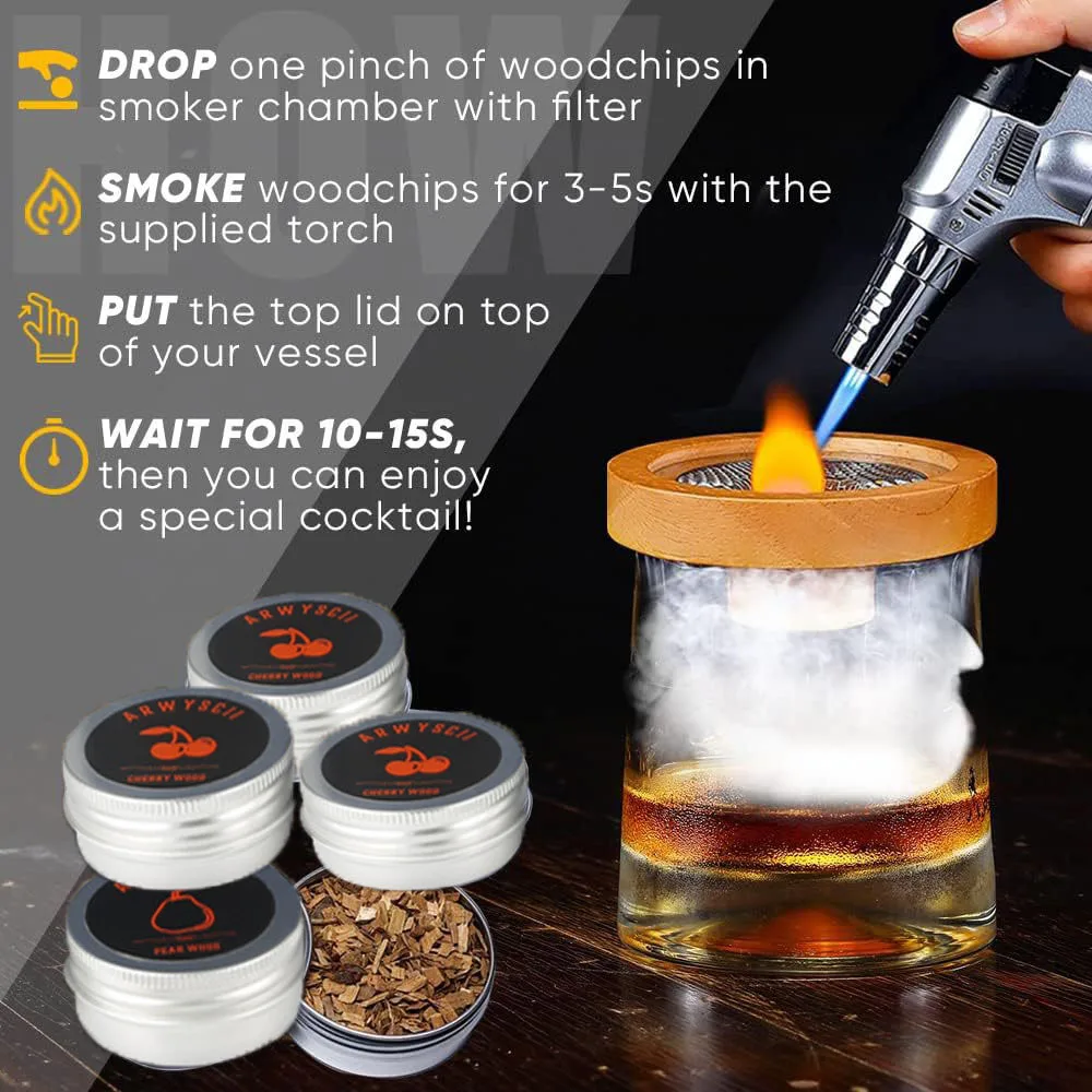 Cocktail Smoke Kit with Sawdust Whiskey Smoked Glass Top Whistle Natural Wood Bartender Smoker Beverage Smoker Accessories