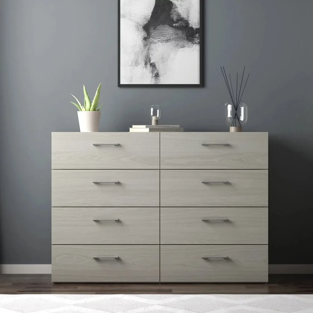 8-Drawer Durable Dresser With Silver-Colored Drawer Handles Light Gray/White/Natural