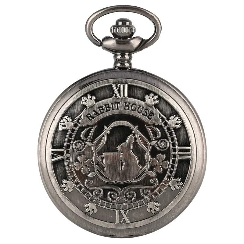 Antique Black Rabbit House Design Full Hunter Quartz Analog Pocket Watch Long Necklace Sweater Chain Retro Timepiece Gift Clock