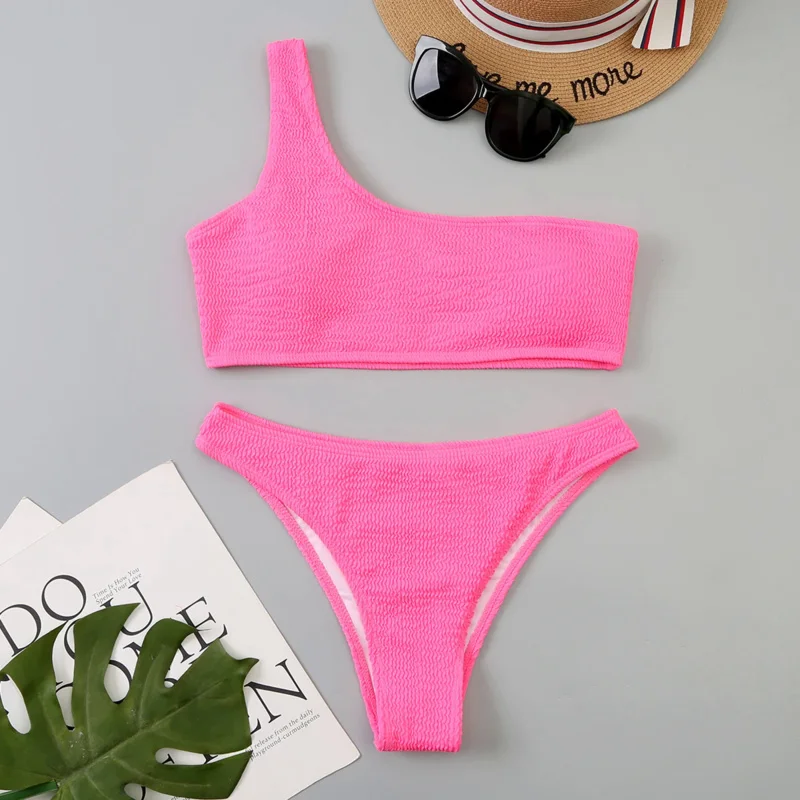 

One Shoulder Bikinis 2023 Women Sexy Swimwear Female Brazilian Swimsuit Solid Beachwear Bathers Bathing Swimming Swim Suit