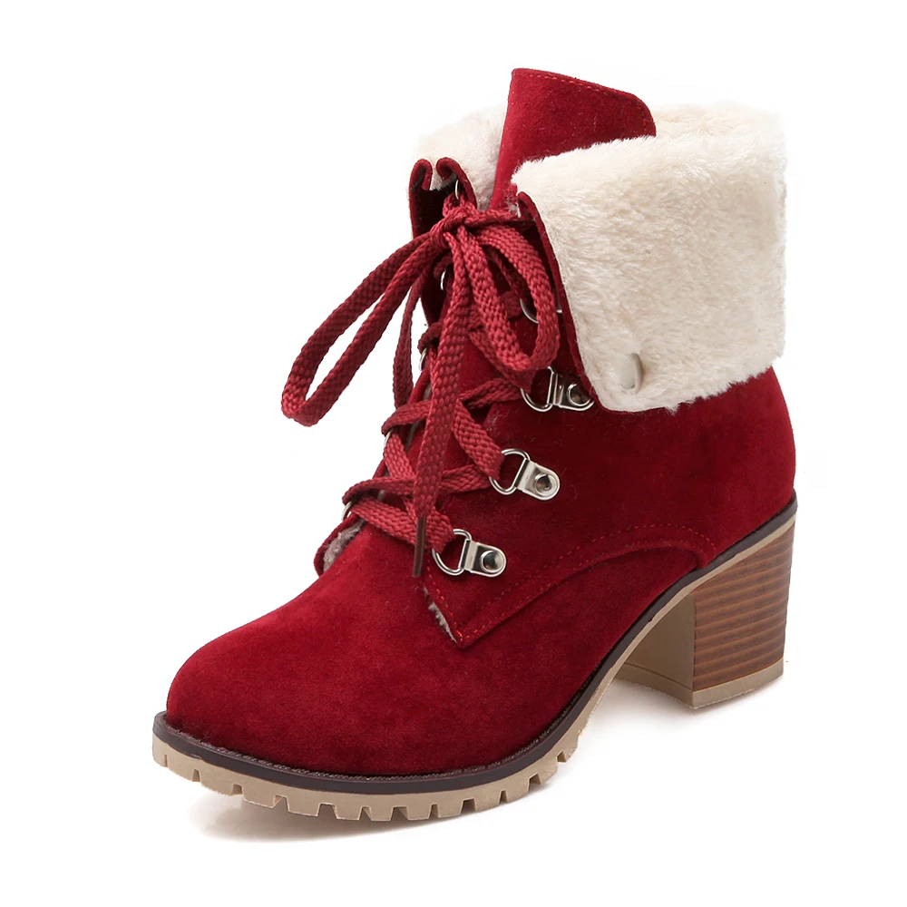 Joojaky Woman Fashion Fur-lined Ankle Booties Autumn Winter Lace Up Boots