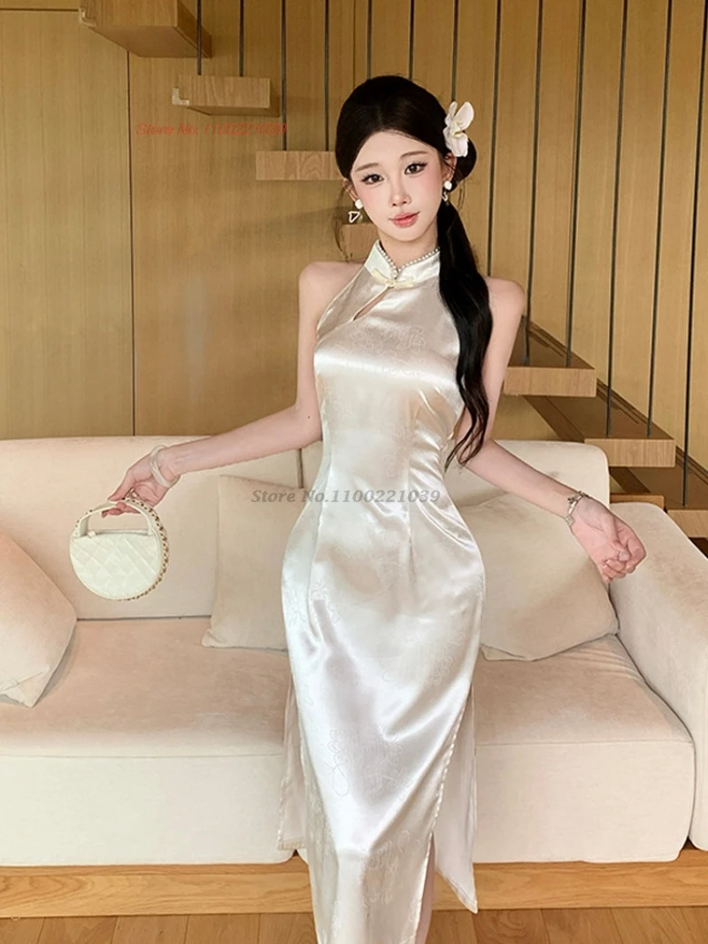 

2026 chinese sexy dress improved cheongsam national satin jacquard sleeveless qipao traditional nightclub bodycon dress qipao