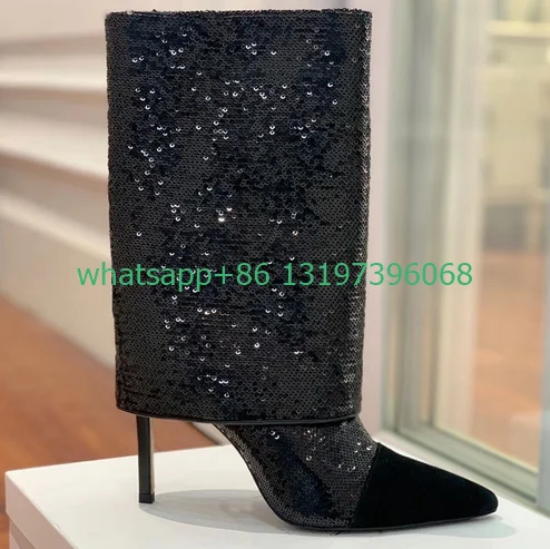 Lady sequins design turn-over calf boots pointed toe stiletto heel glitter sexy party boots daily office suede boots size 35-45